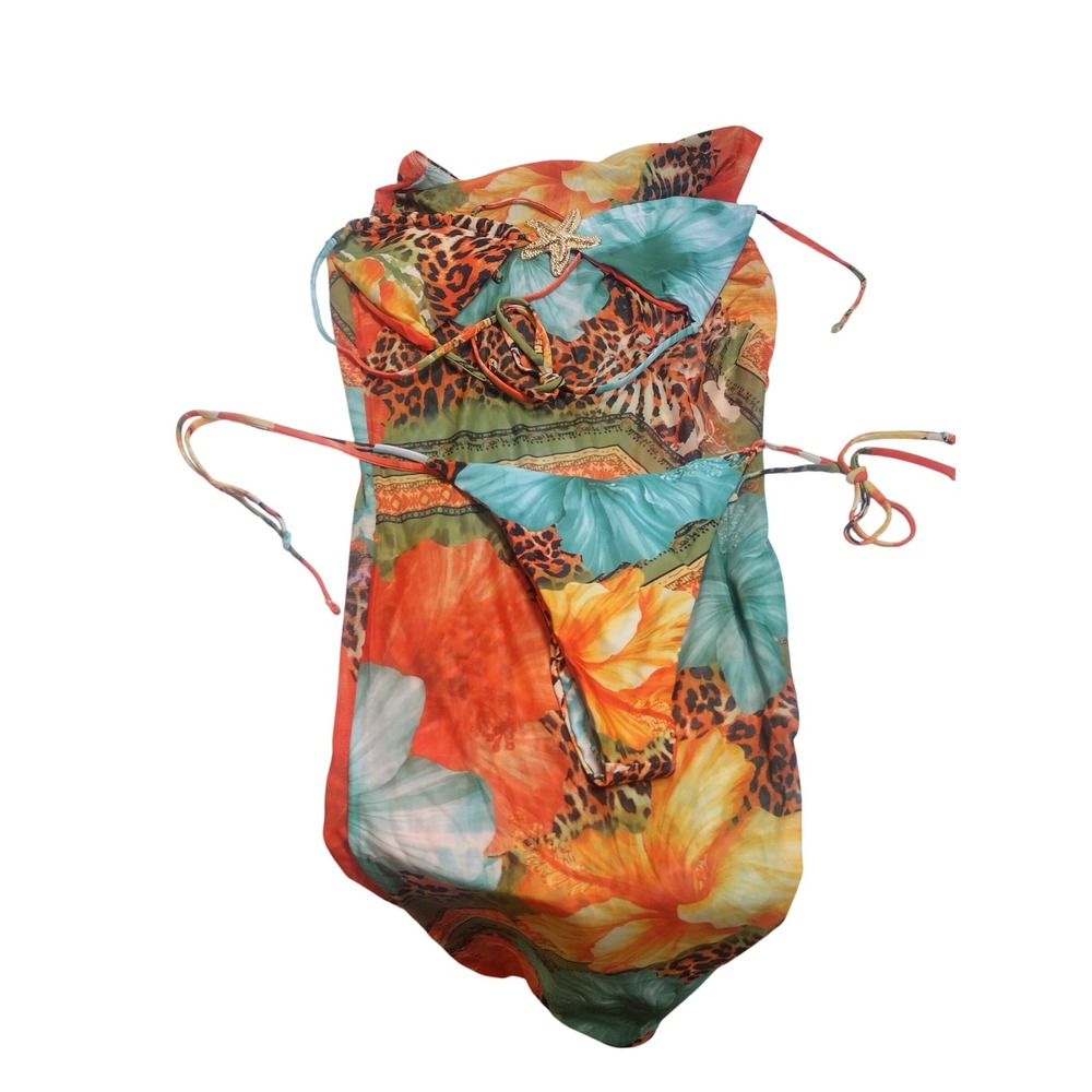 Tropical Floral Leopard Print 3 Piece Bikini Set with Mesh Sarong Cover Up M